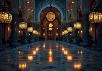 Fototapeta premium Luxurious Hallway with Ornate Lanterns Marble Floors and Intricate Arches