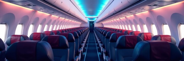 Fototapeta premium Interior of passenger airplane with no passengers, showing empty aisles and luggage compartments, travel, airline, cabin