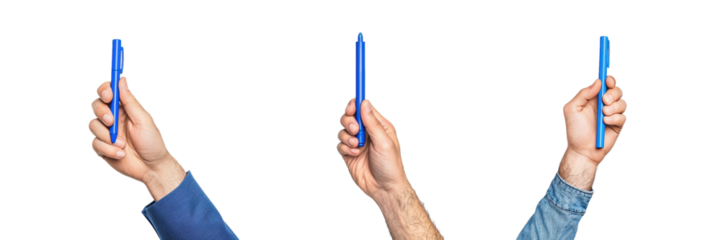 Three hands hold blue pens upright, showcasing different angles and grips.