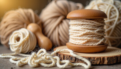 Wooden spindle showcasing freshly spun wool thread, rustic craftsmanship