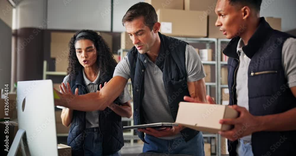 Aufkleber Notes, shipping and people with boxes on computer for delivery, logistics and distribution. Ecommerce, business and man and woman on pc for supply chain, package receipt number and online inventory