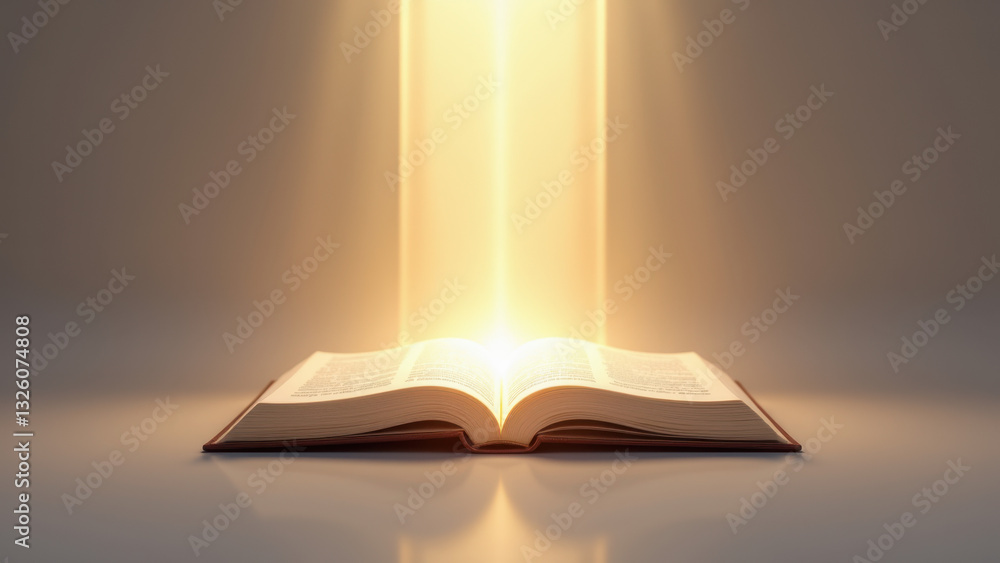 Poster golden rays shining on open bible with illuminated pages and light beams rising from its pages.