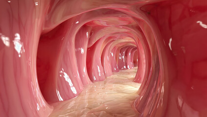 The image captures a close-up view of the inside of the human intestinal tract, showcasing its complex folds and textures under soft lighting