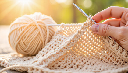 Delicate crochet creation under morning sunlight, artisanal craftsmanship