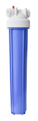  Set three of cartridges for water filter with clear glass of water. Concept of water treatment technology. filter cartridges to domestic water treatment systems. 