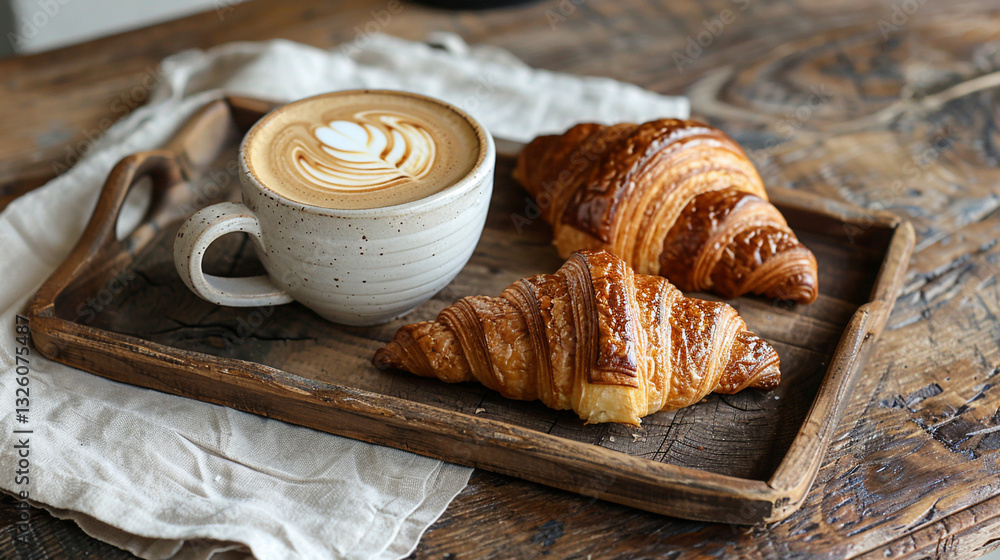Poster a rustic wooden serving tray with a ceramic cup of coffee and a croissant placed neatly on one side,
