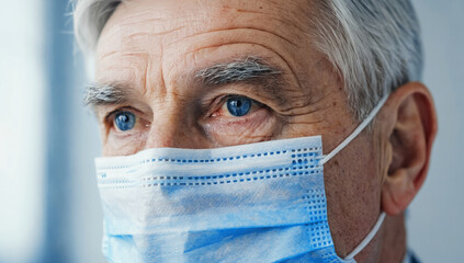 A mature man with gray hair wearing a blue mask looks thoughtfully into the distance. He is in a clinical setting focused on health and safety initiatives during a public awareness campaign