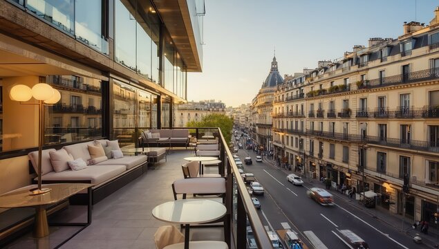 A stylish outdoor lounge area overlooks a bustling Parisian street at sunset. The warm glow of the evening light illuminates modern seating and city architecture
