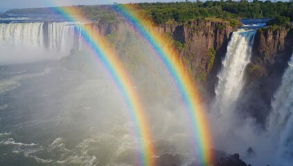 Fototapeta premium A breathtaking double rainbow spans across the sky above powerful waterfalls, surrounded by dense greenery. Water cascades dramatically as sunlight enhances the vibrant colors in the mist