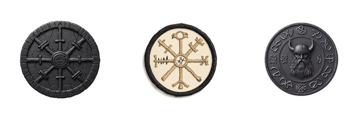 Obraz premium Three distinct medallions featuring intricate designs, showcasing symbols and patterns, each with its own unique color and texture.