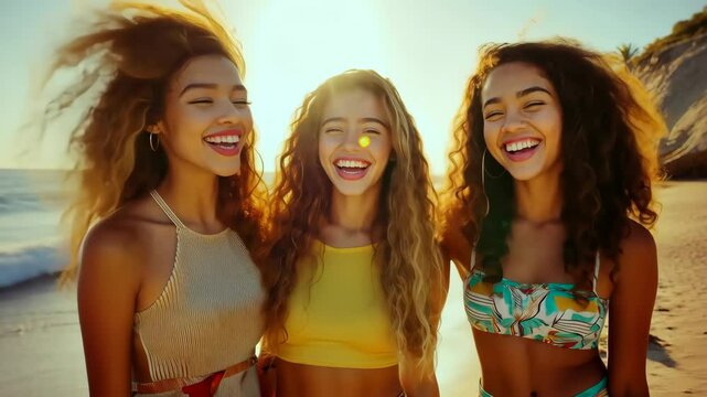 On a sunny summer day, three friends enjoy the beach, laughing and posing for photos by the ocean, creating cherished memories of fun and deep friendship they will treasure forever