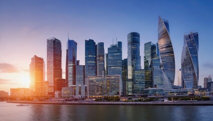 Obraz premium A stunning city skyline showcases modern skyscrapers bathed in golden light as the sun sets over the river. The vibrant architecture stands tall against a twilight sky