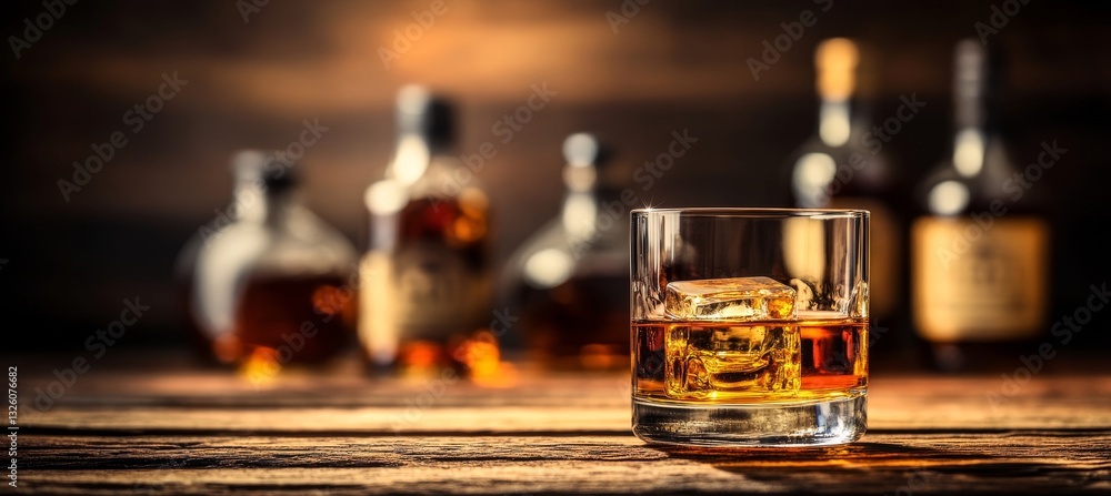 Poster glass of whiskey with ice on a rustic wooden table with assortment of whiskey bottles in background