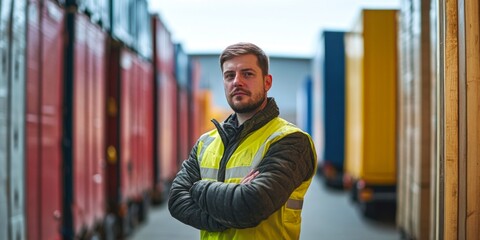 A confident man in a safety vest stands in a shipping yard. The background shows colorful cargo containers. This image captures industrial work and teamwork. Perfect for logistics themes. AI