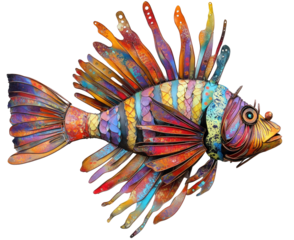 Colorful Metal Sculpture of a Lionfish on Wall Art, Vibrant Decorative Piece Featuring Stunning Fish Design