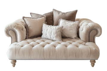 Elegant tufted cream sofa with decorative cushions