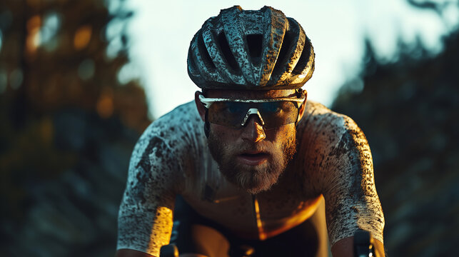 A close-up portrait of a cyclist in the mud after an off-road race. His face is covered in beads of sweat and dirt, and his eyes are full of determination. Warm sunset light