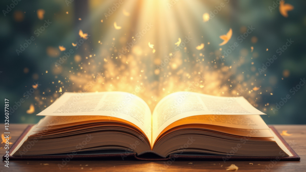 Poster illustration depicting a large open book with pages filled with christian scripture, illuminated by 