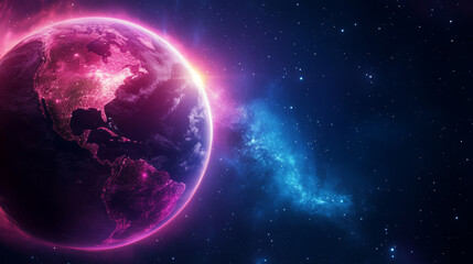 Fototapeta premium Glowing Earth with digital network connections, futuristic technology, illuminated continents, and neon light effects in outer space