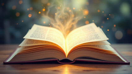 Open Bible with a bright light shining from its pages against a blurred background.