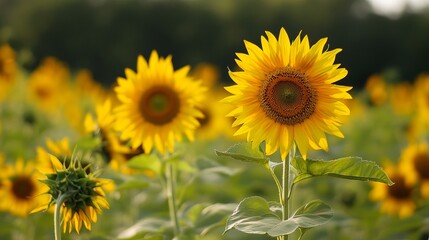 Fototapeta premium Vibrant yellow sunflowers blooming in sunny field under clear blue sky