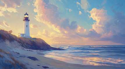 Fototapeta premium A painting of a lighthouse on a beach