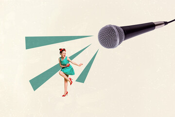 Art 3d sketch collage of happy celebrity girl sing microphone karaoke event celebration chill...