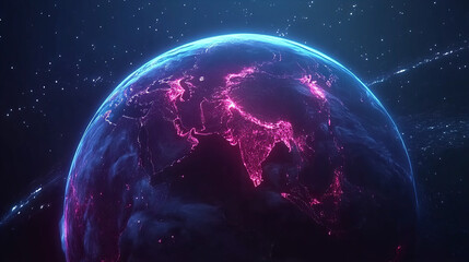 Obraz premium Futuristic glowing Earth from space with digital network connections, neon lights, and illuminated continents in cosmic background