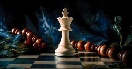 Victory, defense and self-confidence concept. White rook is the last chess piece standing.