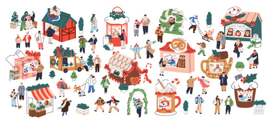 Christmas market. Festive winter fair with tiny people walking on street, shopping at stalls, kiosks, booths with traditional holiday decorations. Flat vector illustration isolated on white background