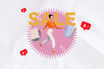 3d sketch poster collage image of happy girl run packages heart like notification sale consumerism...