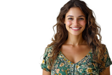 Bright smiling woman with wavy hair in floral shirt