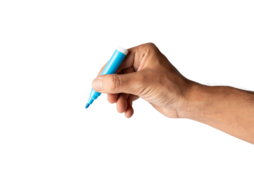 Male hand holding a blue felt tip isolated no background