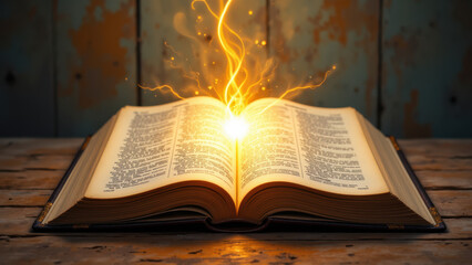 Fototapeta premium Opened leather-bound book radiating with a mystical orange glow on an old table, symbolizing spirituality or enlightenment.