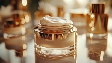 A detailed close-up of a luxury skincare product with gold accents, reflecting the soft natural light and focusing on the smooth, clear texture of the product inside.