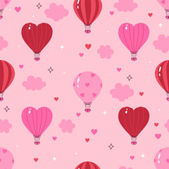 Seamless pattern with balloons in the shape of heart and classic shapes in pink tones. Vector graphics