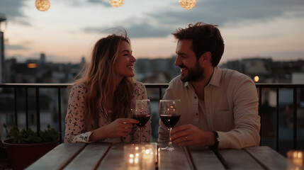 happy couple enjoying an evening together on rooftop, toasting wine with laughter, bathed in warm sunset glow, exuding affection
