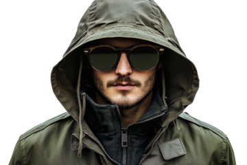 Man wearing sunglasses and hoodie with a serious look