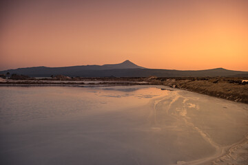 Salt evaporation pond at sunset near lake Afdera in Afar region, Ethiopia