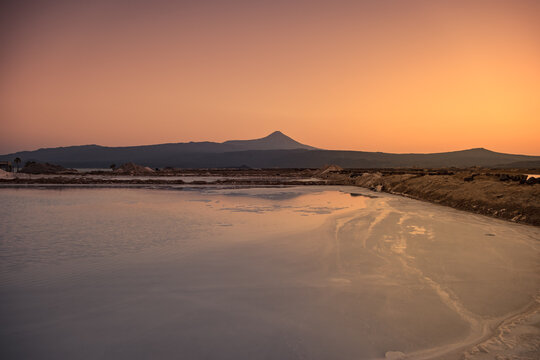 Salt evaporation pond at sunset near lake Afdera in Afar region, Ethiopia
