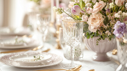 Elegant Easter brunch setup featuring crystal glasses, gleaming gold cutlery, and a soft pastel floral centerpiece. A refined table setting perfect for a festive celebration