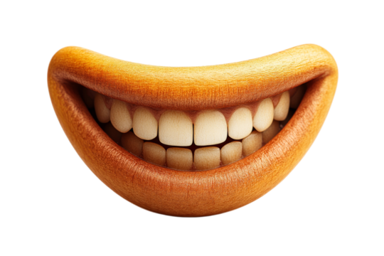 Brightly smiling wooden face with cheerful expression