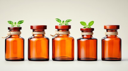 Five Amber Glass Bottles with Green Plants on Beige Background