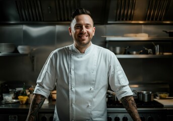 Fototapeta premium Smiling chef in a professional kitchen, showcasing culinary expertise