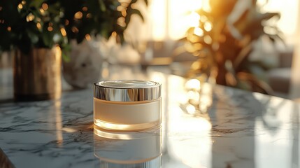 A professional close-up shot of a luxury skincare cream jar, placed elegantly on a marble countertop with soft lighting highlighting its texture and elegance