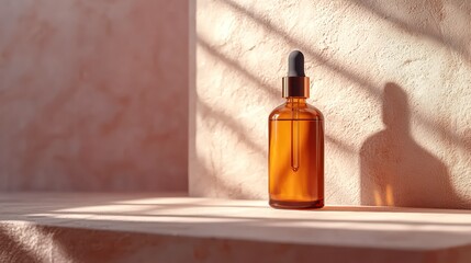 A sophisticated and minimalistic image of a beauty oil bottle placed against a soft background with gentle, glowing light illuminating the smooth surface of the bottle.