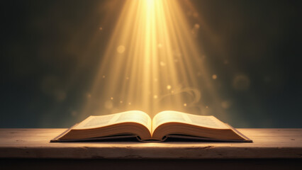 Open Bible with golden rays shining down on its pages.