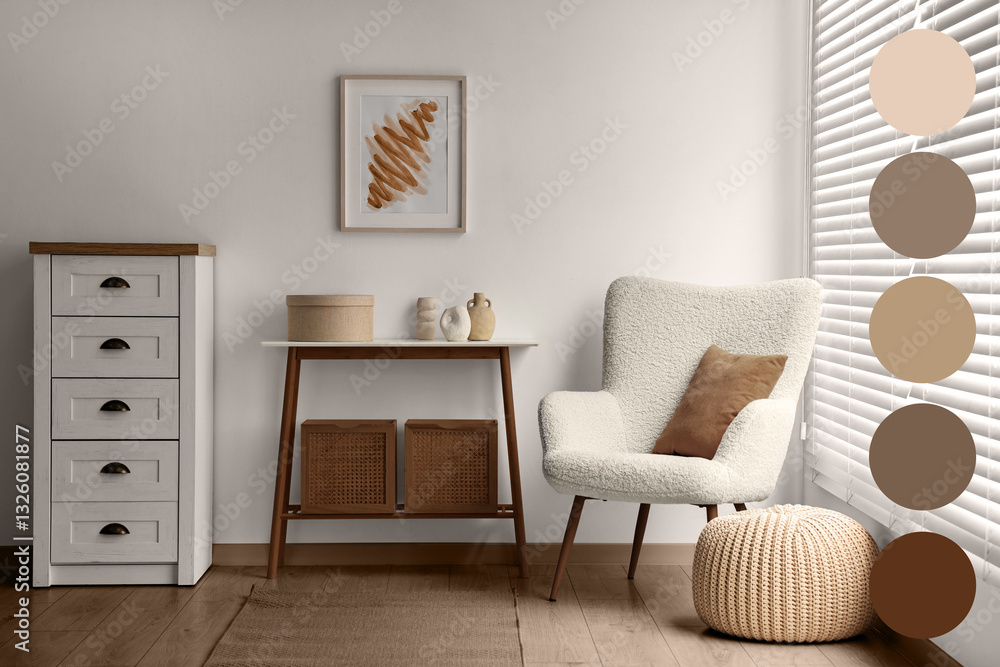 Poster stylish living room with console table and other furniture. interior design with matching color pale
