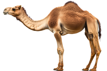 Camel standing on transparent background in profile view