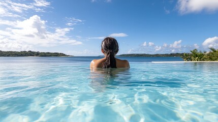 Woman Relaxing in Infinity Pool Overlooking Ocean